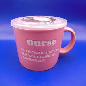 soup mug with lid pink NEW unused NURSE saying on side made by Boston Warehouse